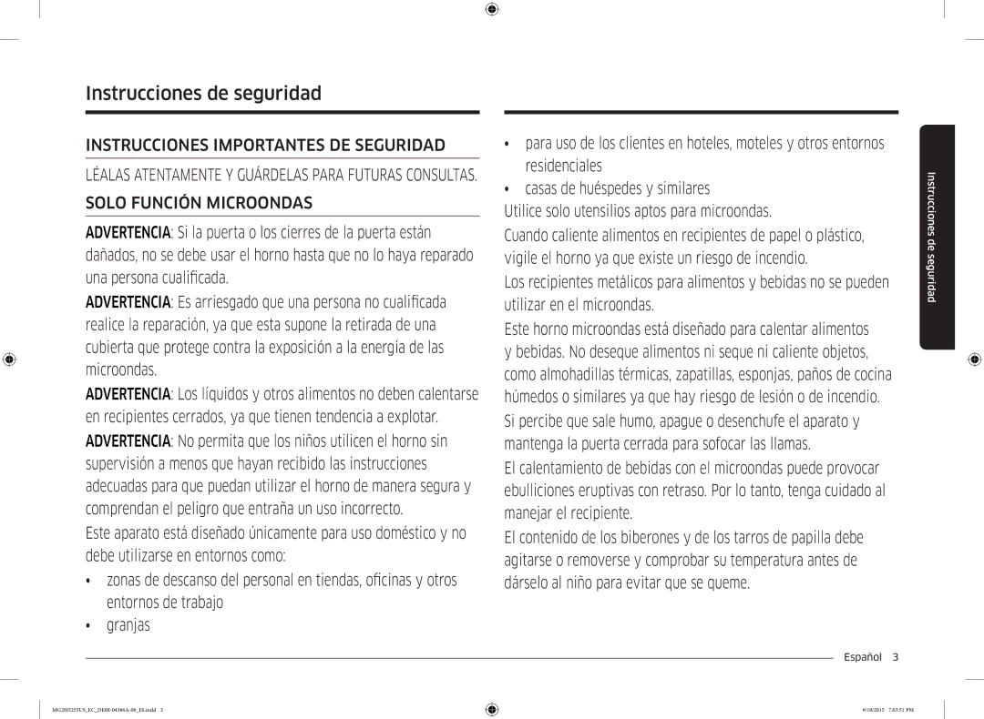 Samsung MG28J5255US/EC manual Instrucciones de seguridad, Español  